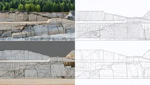 Quarry wall geological cross-section diagram showing natural stone strata and joint patterns