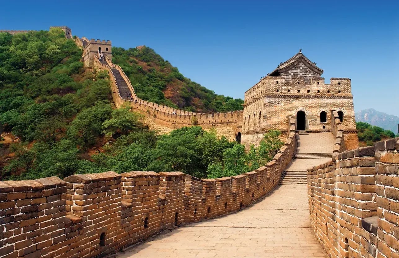 Aged and Weathered Stone, Great Wall of China featuring ancient stone watchtowers and brick pathways