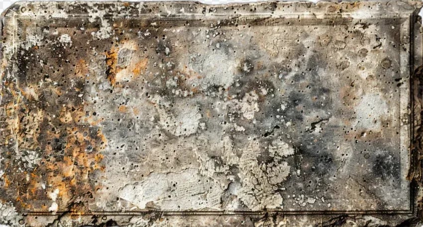 Aged and Weathered Stone, Ancient pitted stone block with a carved rectangular border showing heavy weathering, rust stains, and calcified deposits