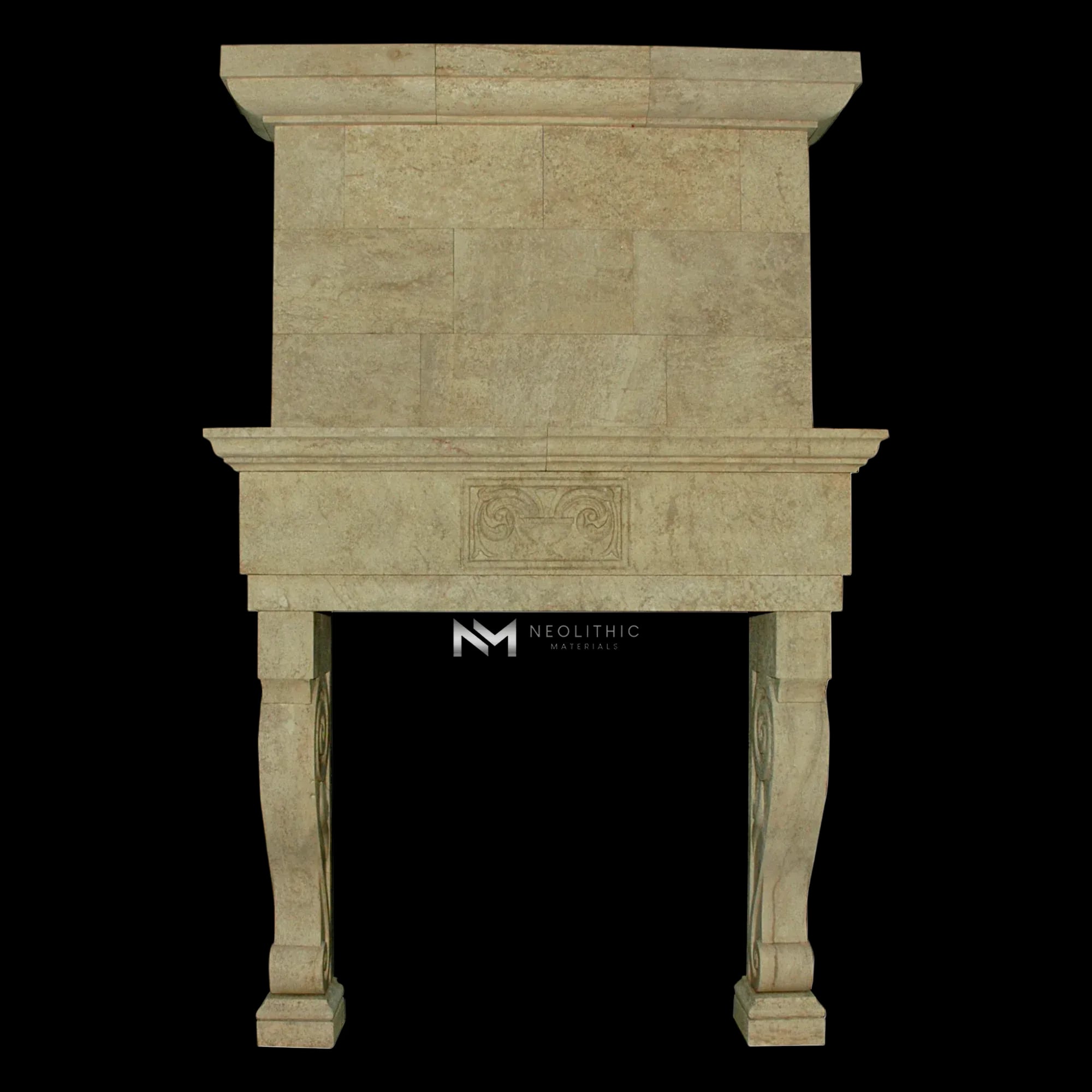 Limestone Fireplace Mantel with Trumeaus Over Mantel