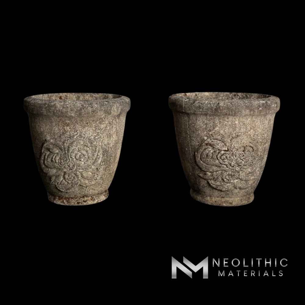 Pair of Mid-Century Cast-Stone Grandon Fres Planters with Flower Motifs
