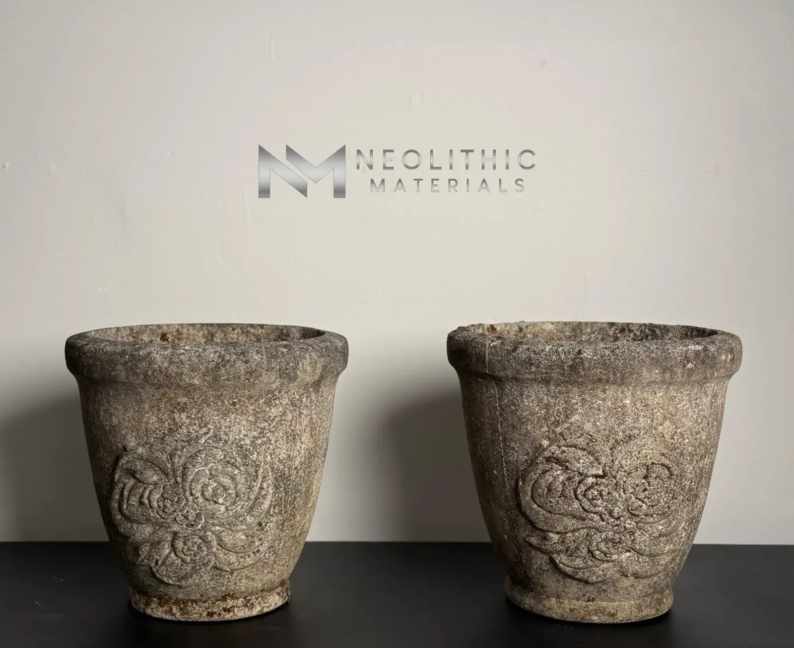 Pair of Mid-Century Cast-Stone Grandon Fres Planters with Flower Motifs - Image 1
