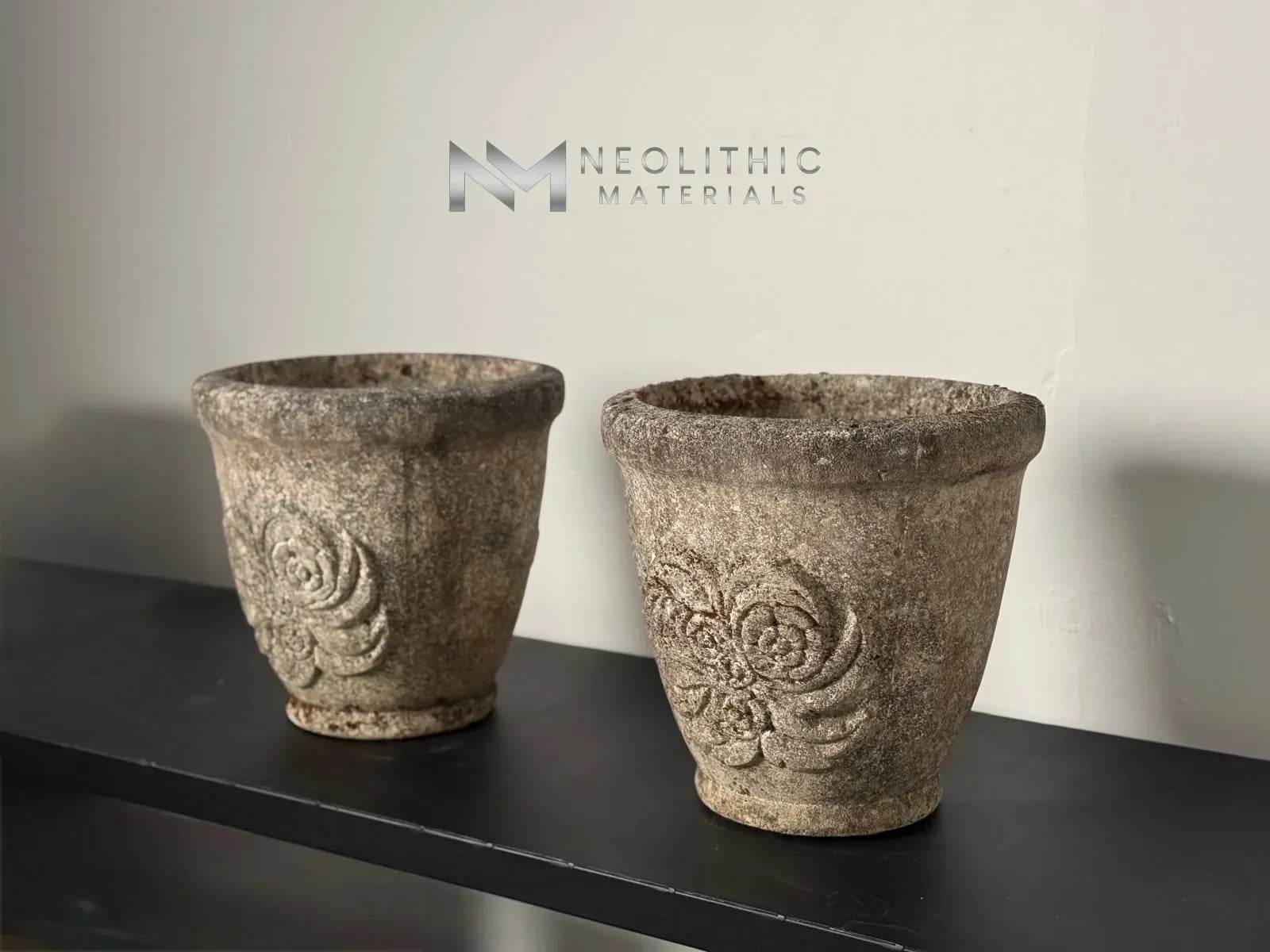 Pair of Mid-Century Cast-Stone Grandon Fres Planters with Flower Motifs - Image 2