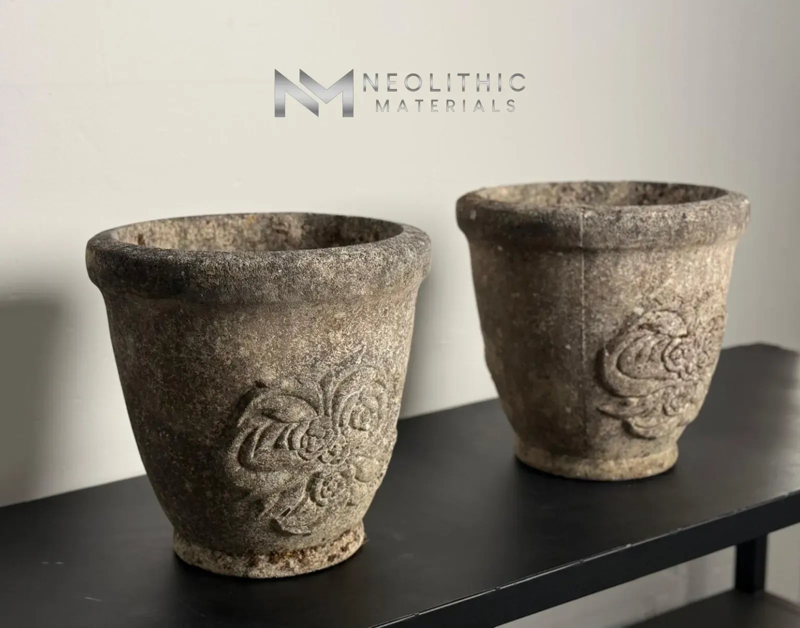 Pair of Mid-Century Cast-Stone Grandon Fres Planters with Flower Motifs - Image 3