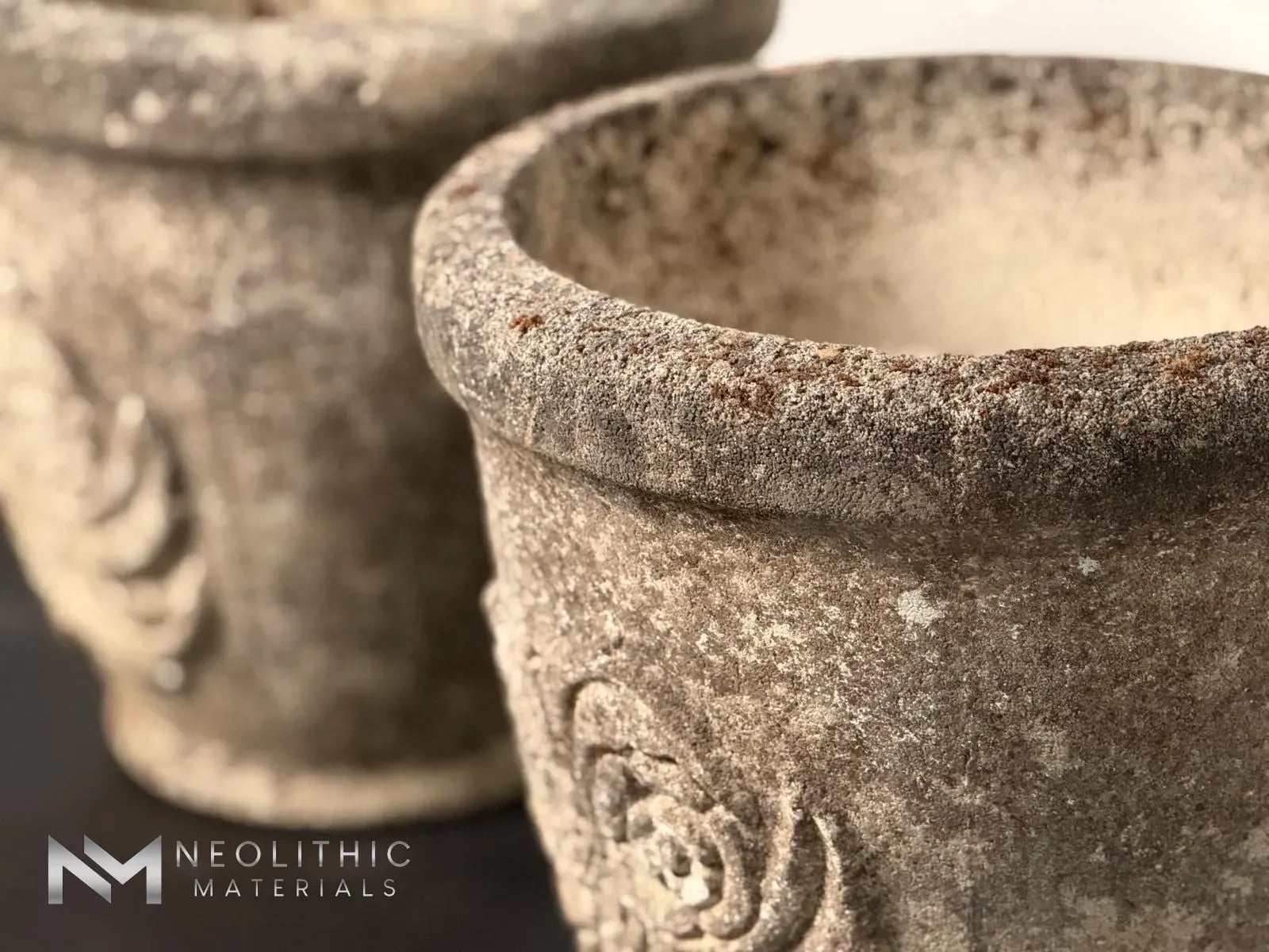 Pair of Mid-Century Cast-Stone Grandon Fres Planters with Flower Motifs - Image 7