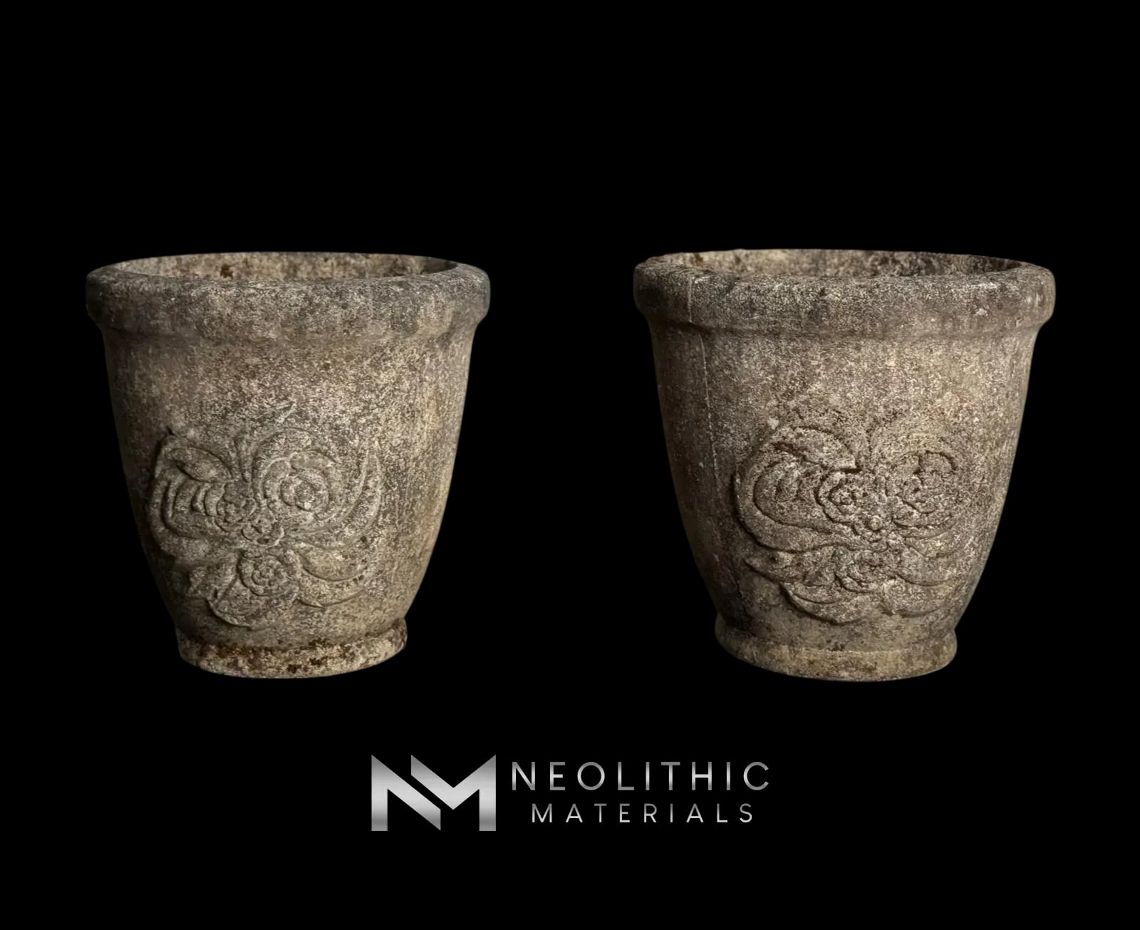 Pair of Mid-Century Cast-Stone Grandon Fres Planters with Flower Motifs