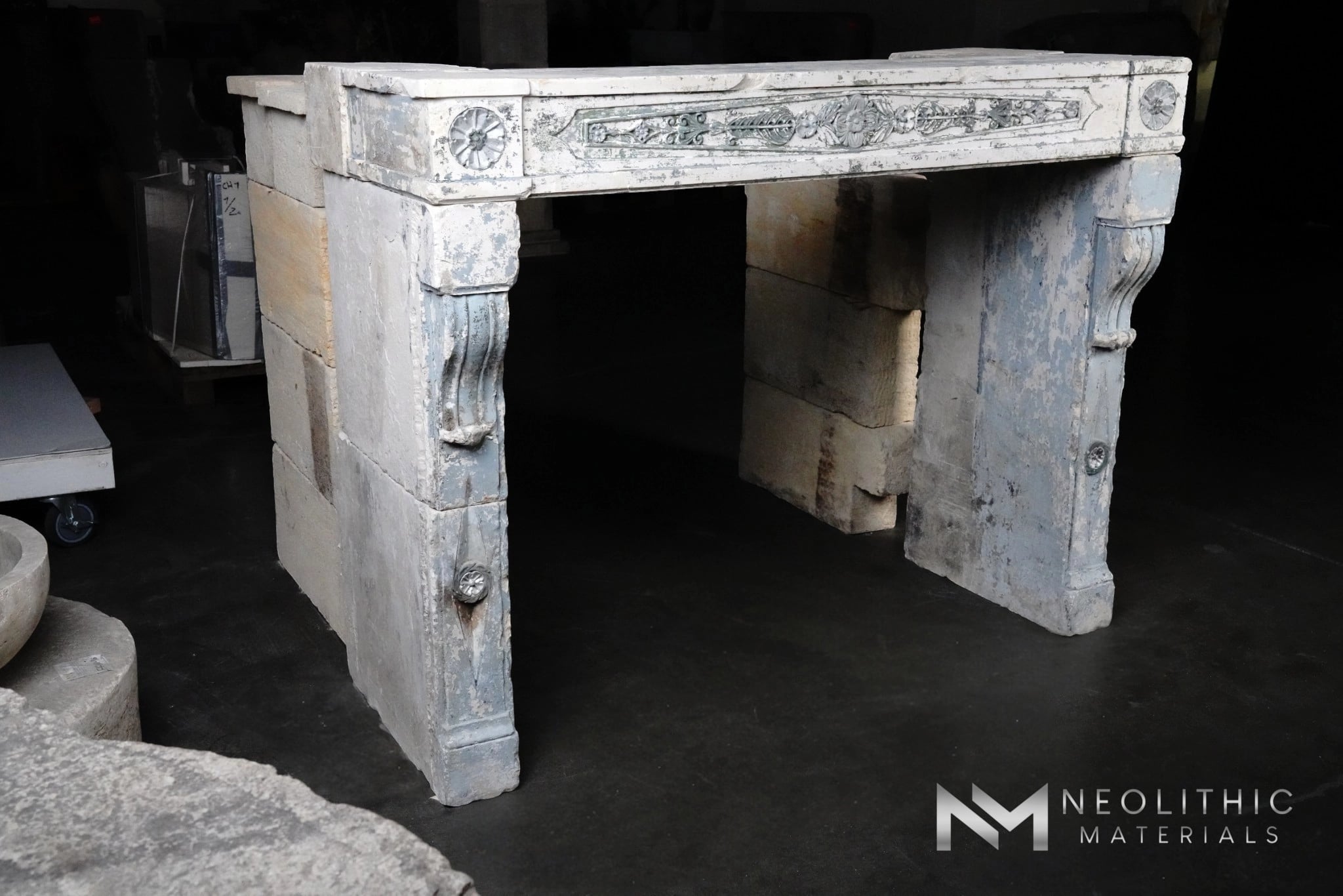 French Antique Limestone Fireplace Mantel - Image 4