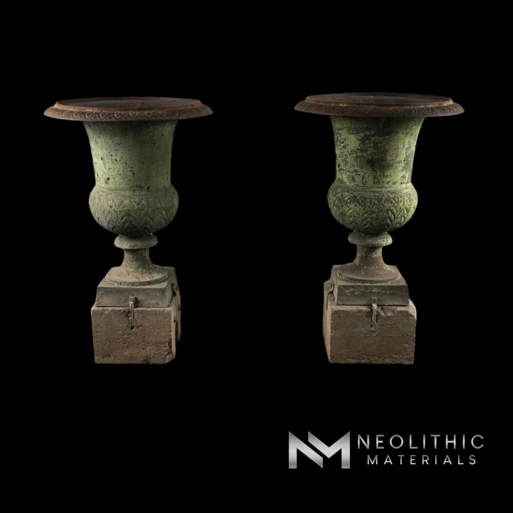 French Antique 18th Century Iron Vase with Marble Base