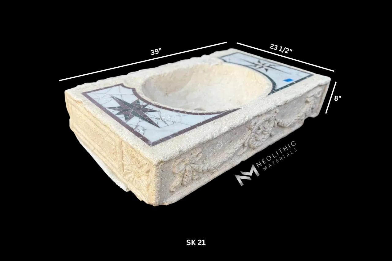 Limestone with Marble Inlay Sink - Image 8