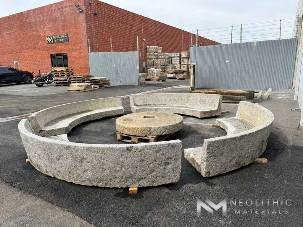 Antique Granite Bench Set with  Antique Limestone Mill - Image 1