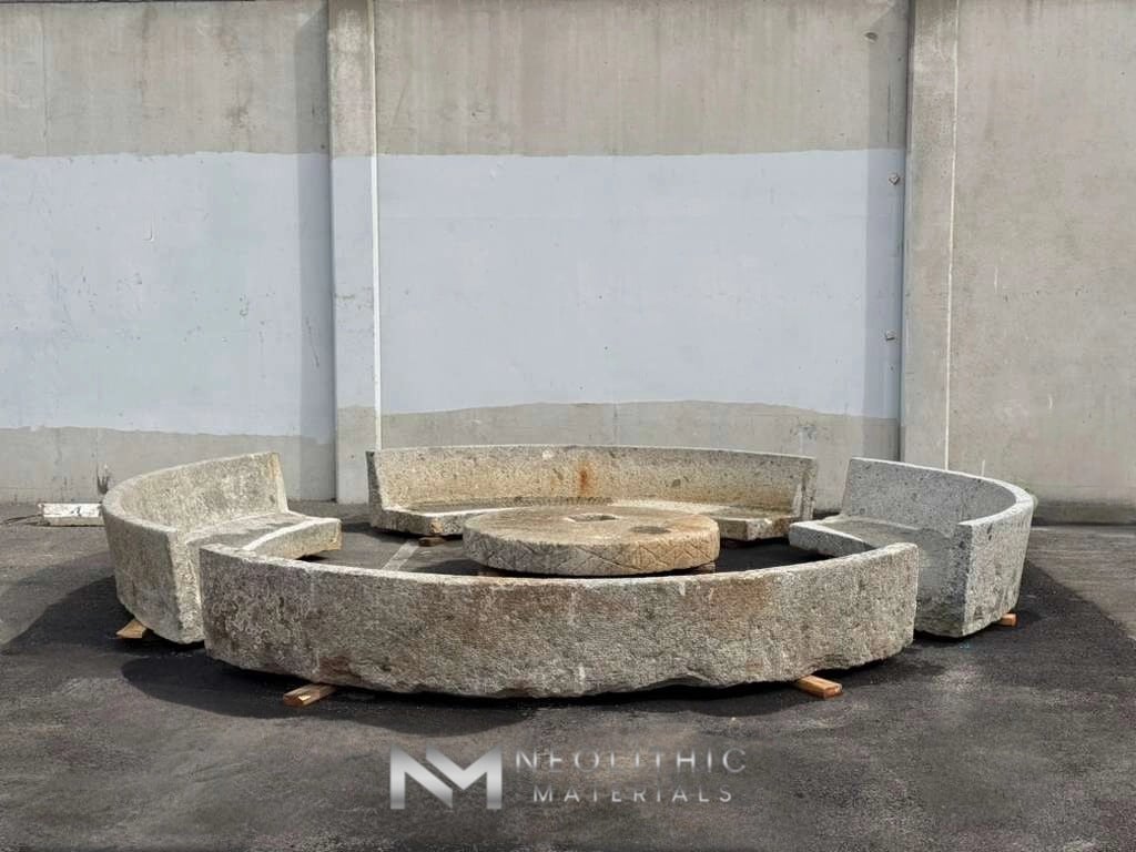 Antique Granite Bench Set with  Antique Limestone Mill - Image 2