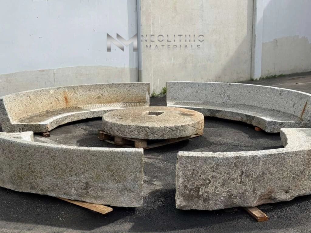 Antique Granite Bench Set with  Antique Limestone Mill - Image 3