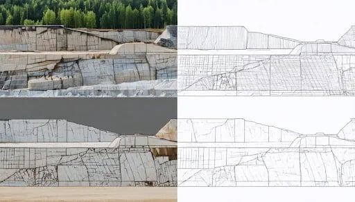 Split-screen comparison showing new quarry operations versus reclaimed stone processing site