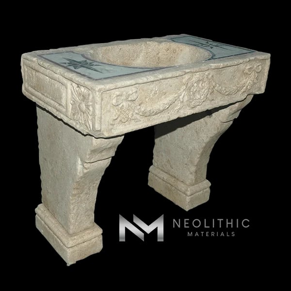 Limestone with Marble Inlay Sink - Image 1