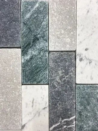 Byzantine Design, Assorted natural marble and stone field tile samples arranged in a pattern